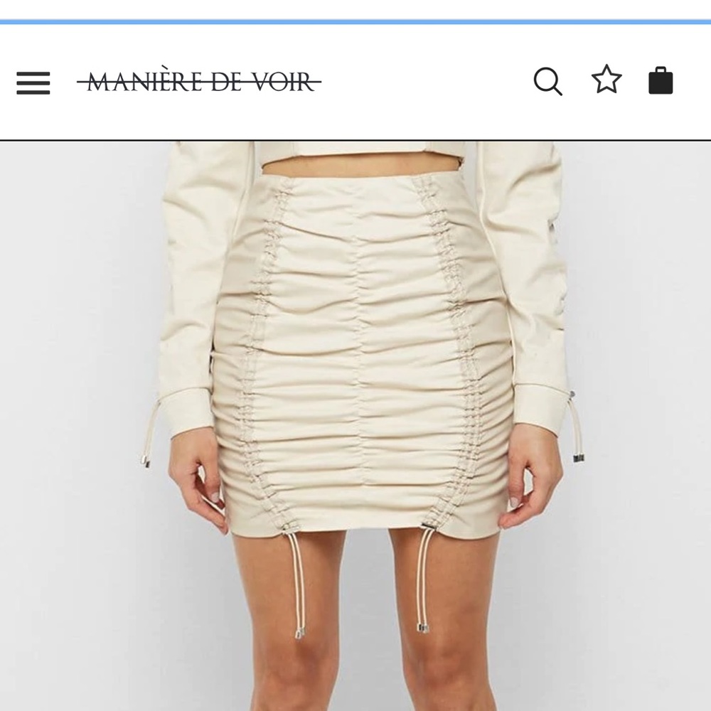 Vegan Leather Ruched Mini Skirt - Beige